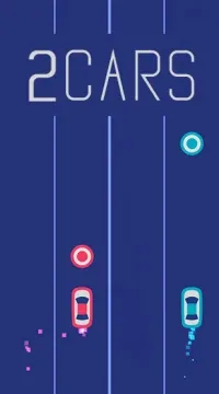 Screenshot of the game 2 Cars, showing a pink and a teal car driving down parallel lanes on a dark blue road.