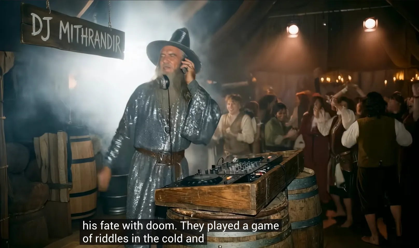 Still from the video of Gandalf, billed as "DJ Mithrandir," spinning records on a barrel-mounted DJ deck at a hobbit party in the Shire.