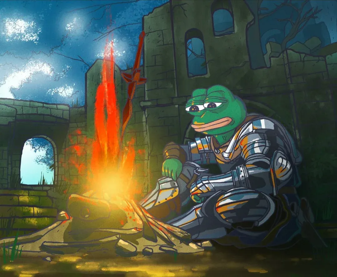 Illustration of Pepe the Frog as an armoured knight, sitting by a campfire outside a ruined castle.